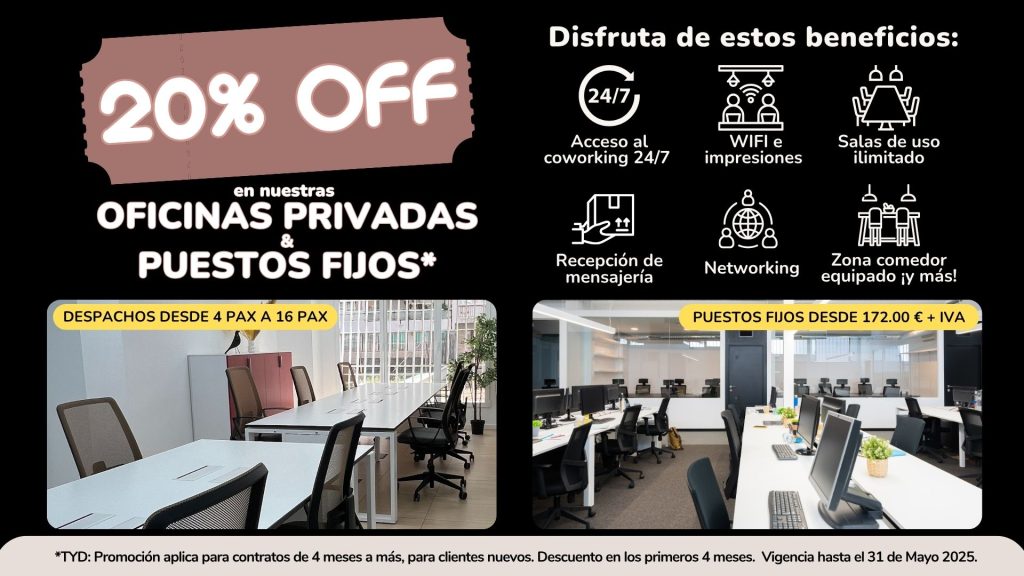 Descuento de Oficinas Privadas y Puestos Fijos en Coworking